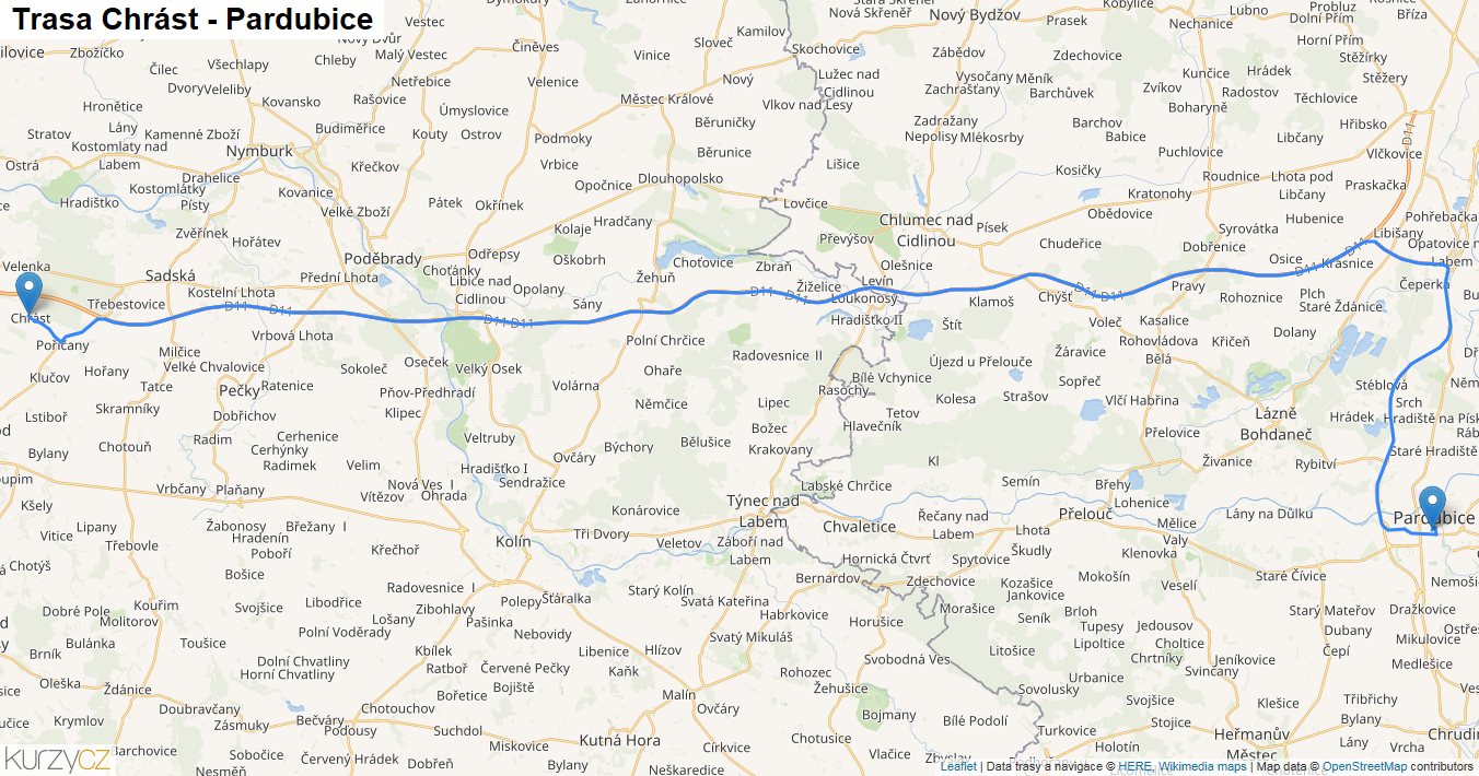 Chrást-Pardubice, mapa trasy