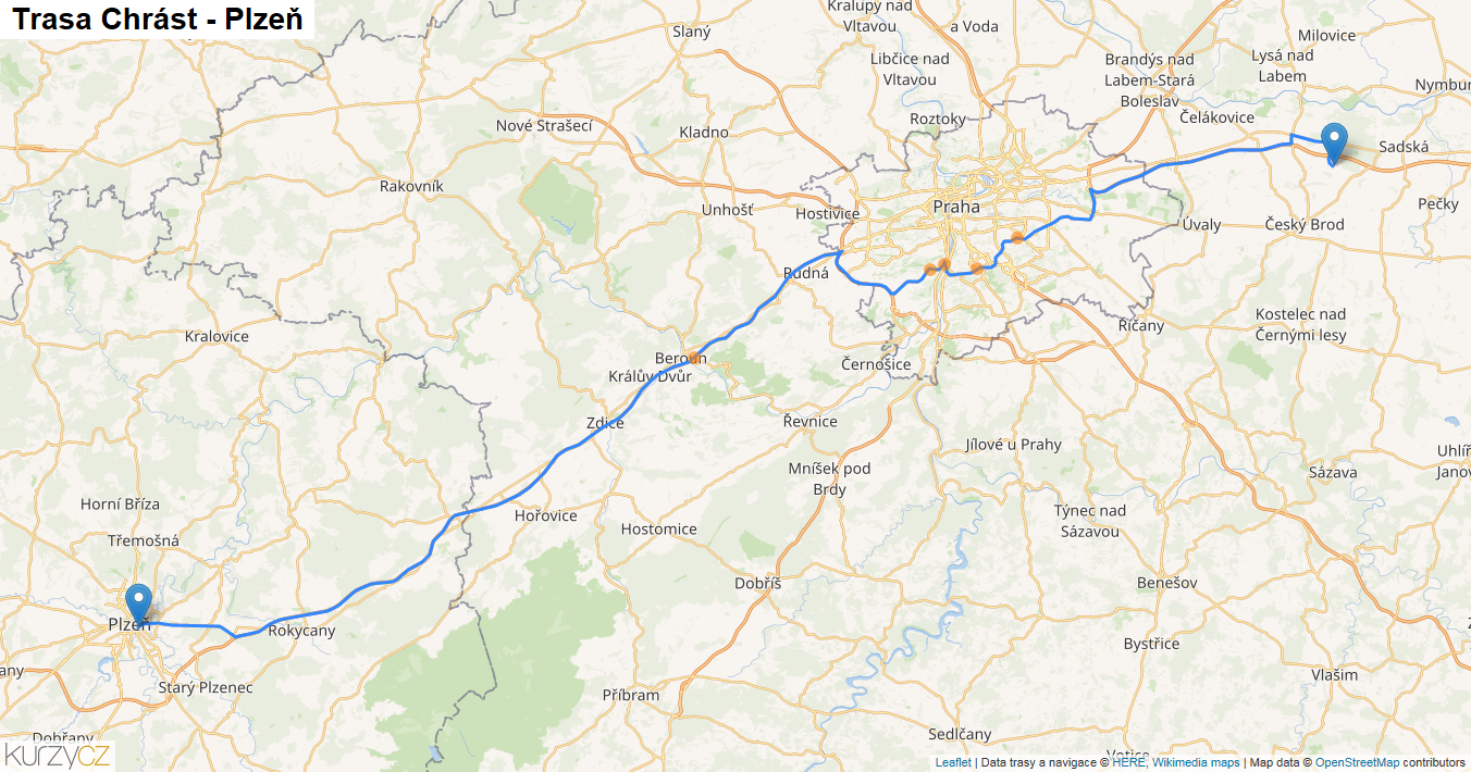 Chrást-Plzeň, mapa trasy