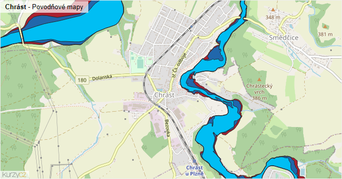 Chrást - záplavové mapy stoleté vody