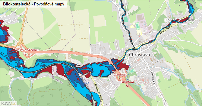 Bílokostelecká - záplavové mapy stoleté vody