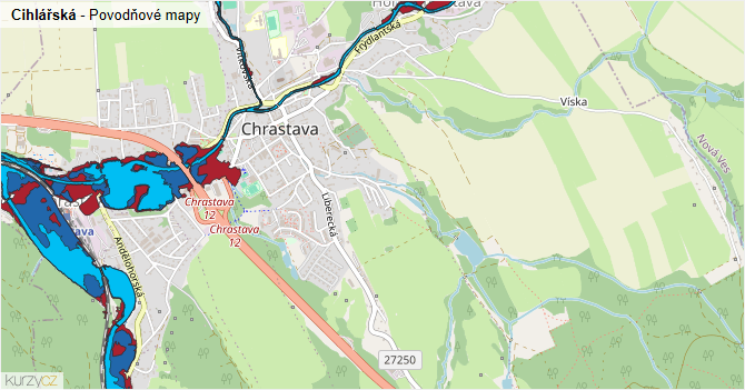 Cihlářská - záplavové mapy stoleté vody