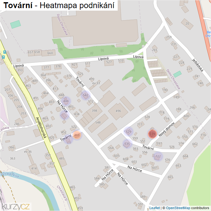 Mapa Tovární - Firmy v ulici.