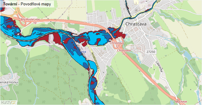 Tovární - záplavové mapy stoleté vody
