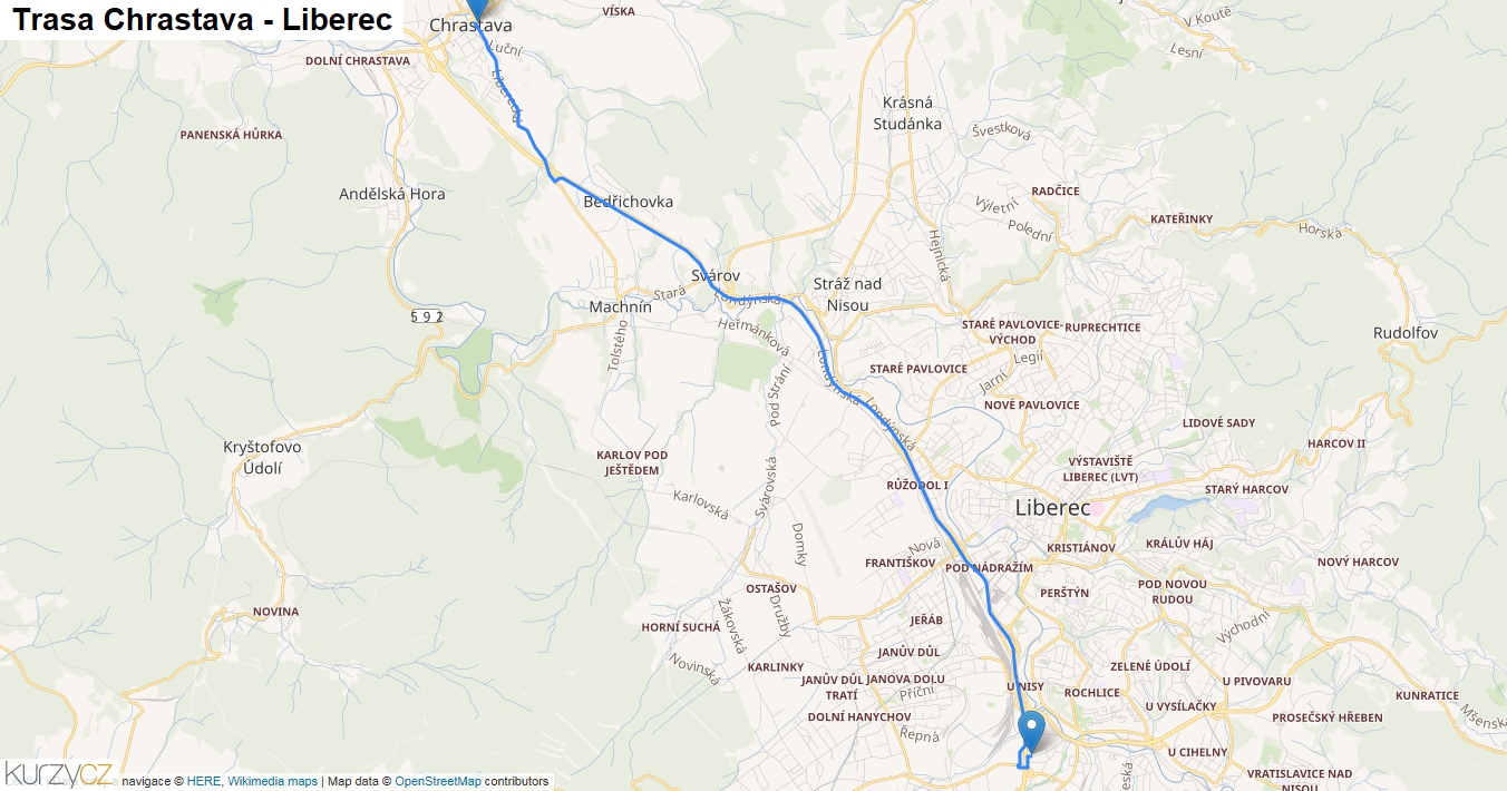 Chrastava-Liberec, mapa trasy