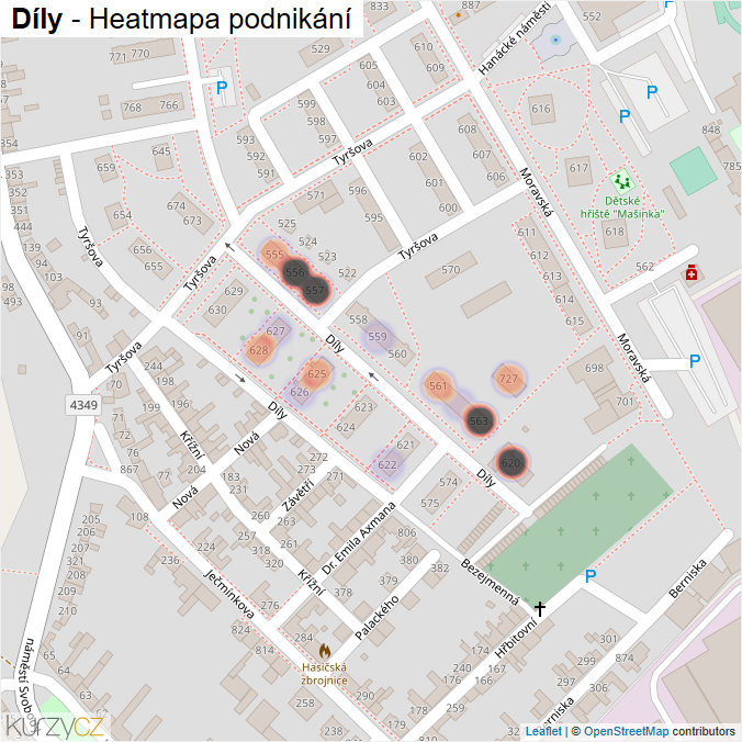 Mapa Díly - Firmy v ulici.