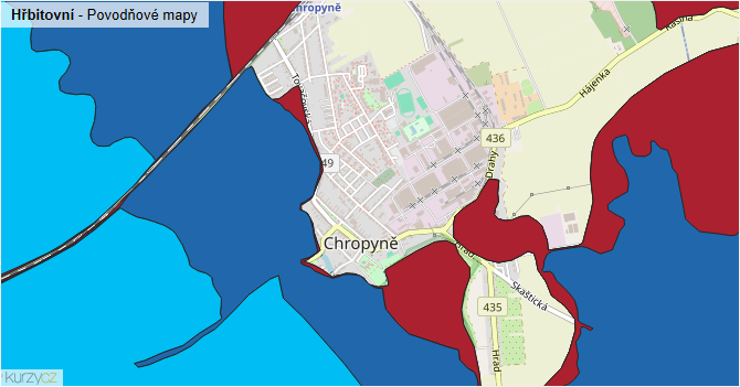 Hřbitovní - záplavové mapy stoleté vody