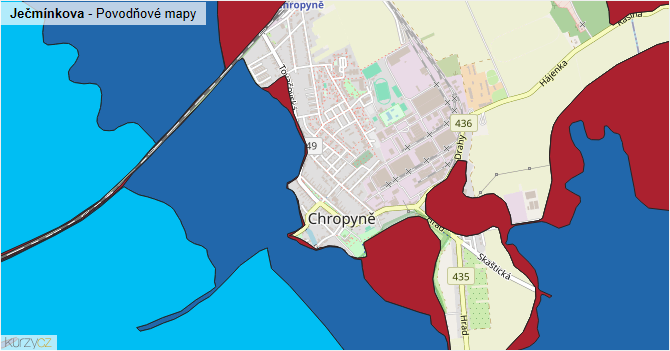Ječmínkova - záplavové mapy stoleté vody
