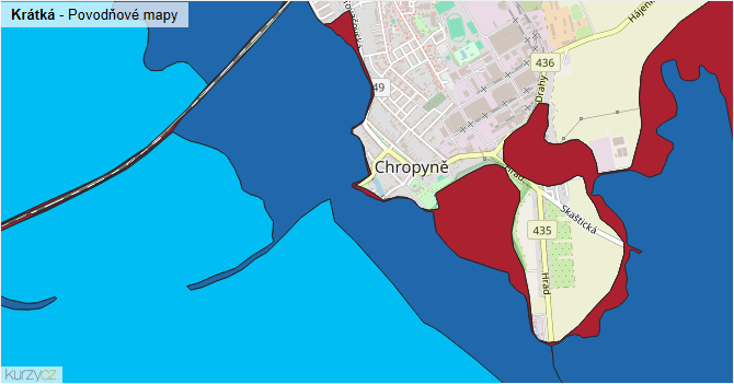 Krátká - záplavové mapy stoleté vody