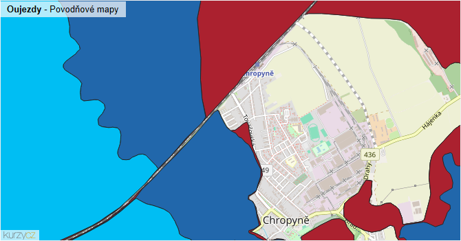 Oujezdy - záplavové mapy stoleté vody