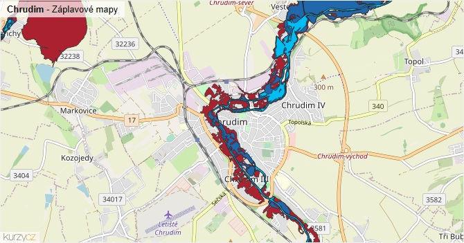 Chrudim - záplavové mapy stoleté vody