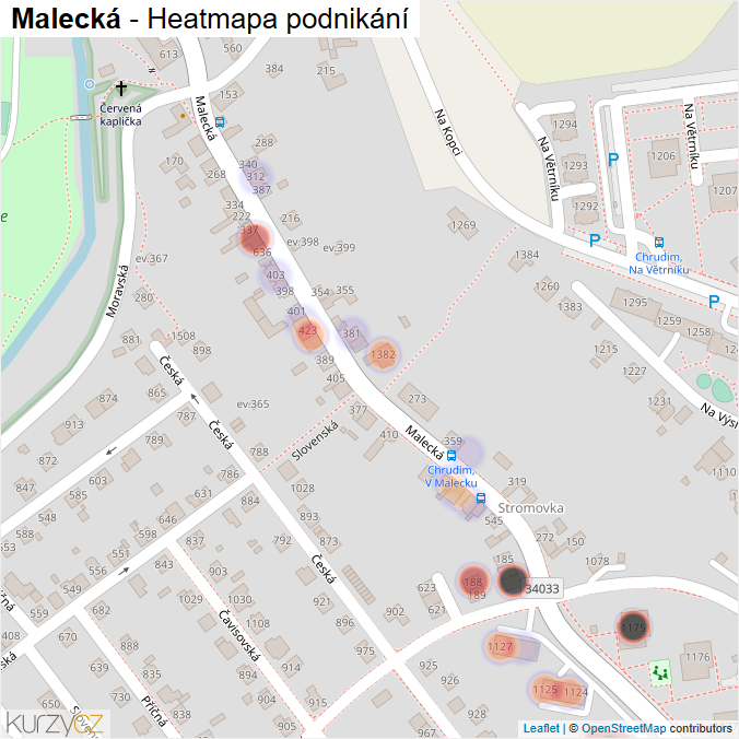 Mapa Malecká - Firmy v ulici.