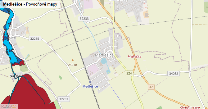 Medlešice - záplavové mapy stoleté vody