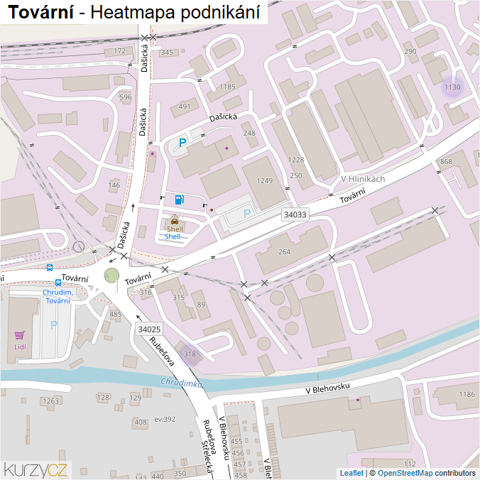 Mapa Tovární - Firmy v ulici.