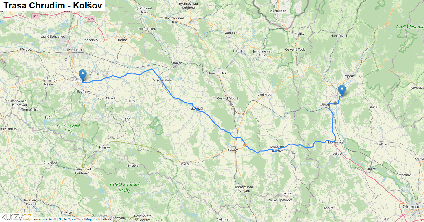 Chrudim-Kolšov, mapa trasy