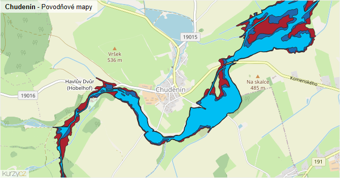 Chudenín - záplavové mapy stoleté vody