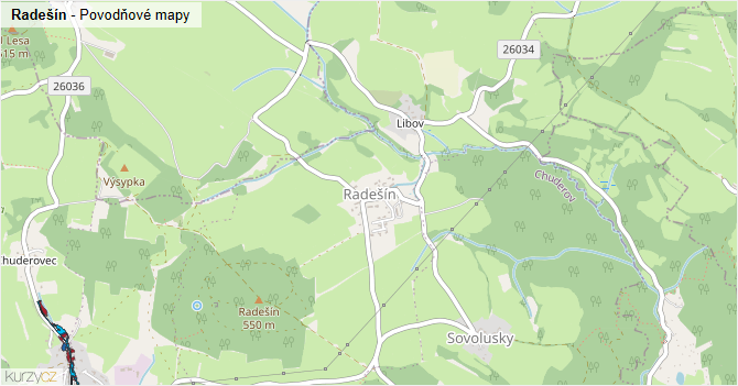 Radešín - záplavové mapy stoleté vody