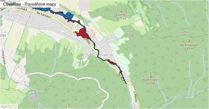 Chvalčov - záplavové mapy stoleté vody