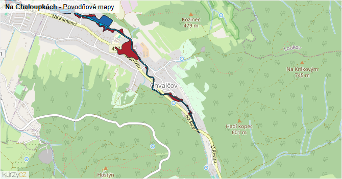 Na Chaloupkách - záplavové mapy stoleté vody