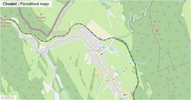 Chvaleč - záplavové mapy stoleté vody
