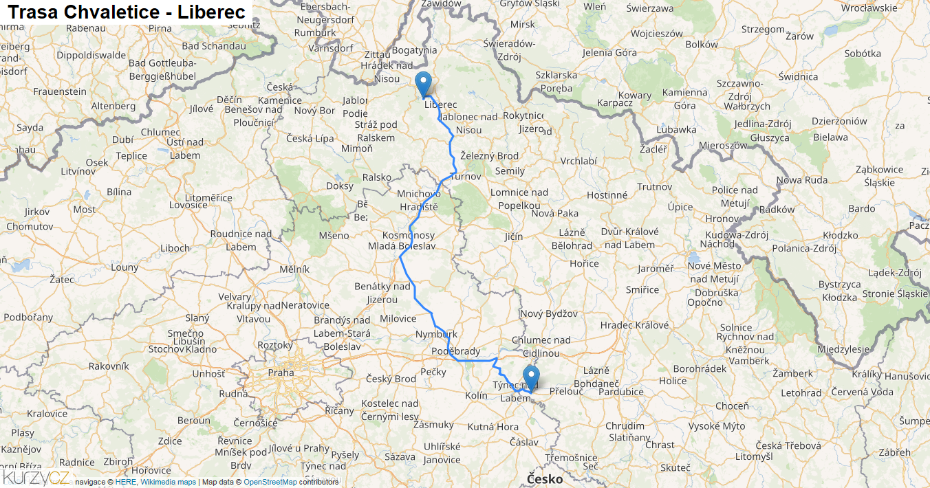 Chvaletice-Liberec, mapa trasy
