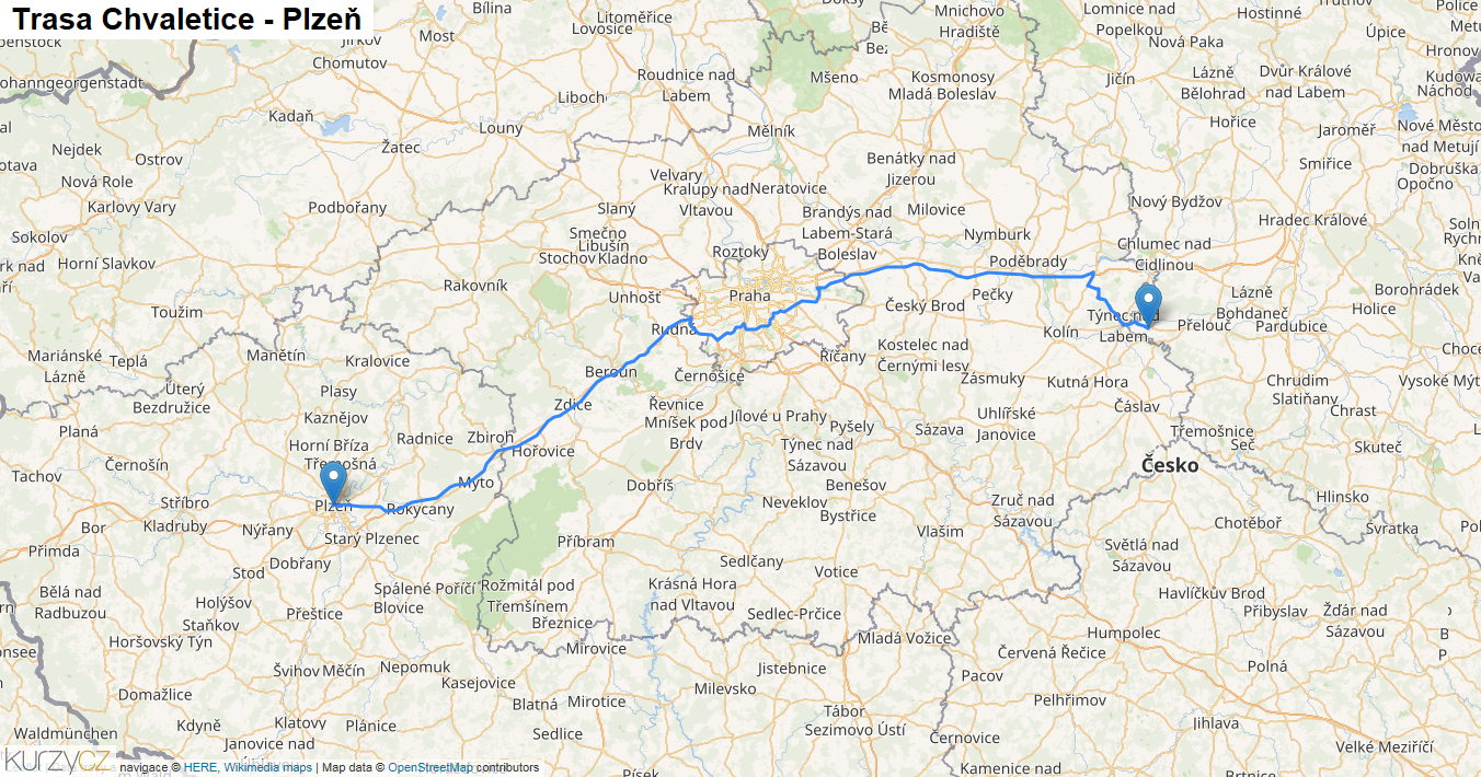 Chvaletice-Plzeň, mapa trasy