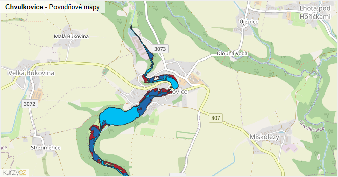 Chvalkovice - záplavové mapy stoleté vody