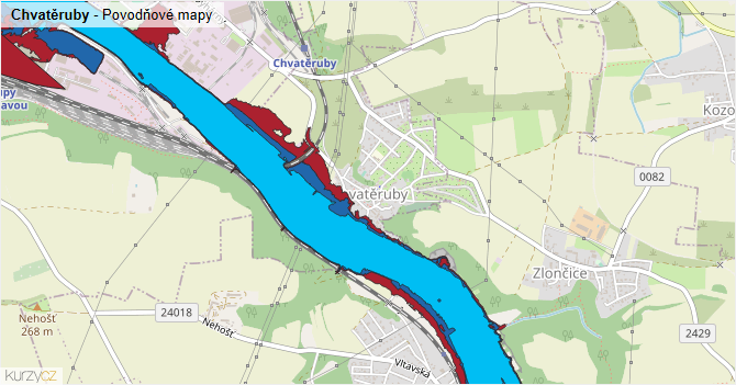 Chvatěruby - záplavové mapy stoleté vody