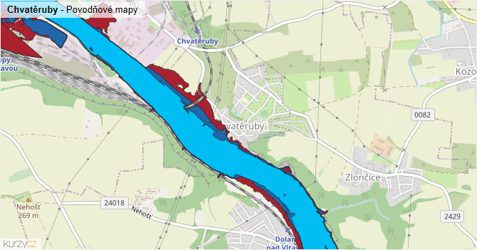 Chvatěruby - záplavové mapy stoleté vody