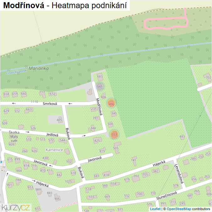 Mapa Modřínová - Firmy v ulici.