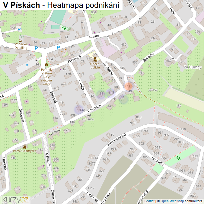 Mapa V Pískách - Firmy v ulici.