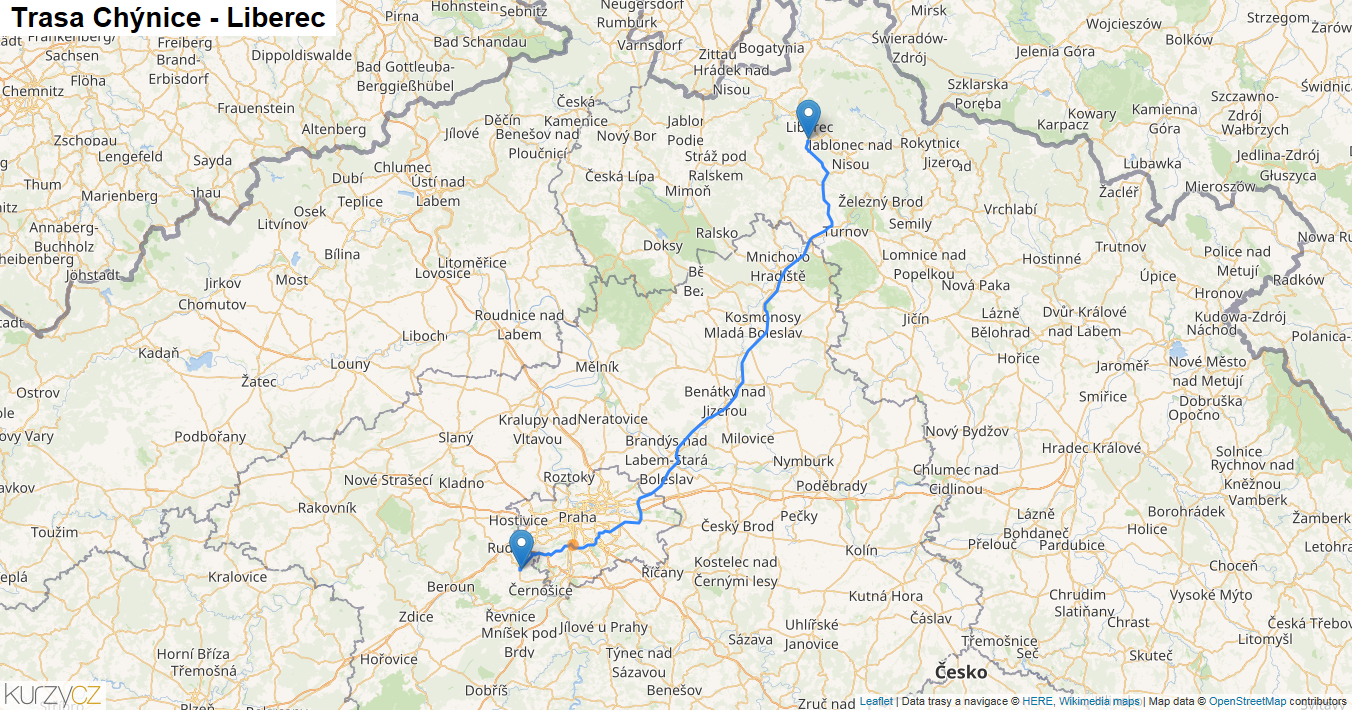 Chýnice-Liberec, mapa trasy