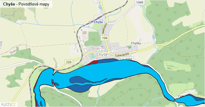 Chyše - záplavové mapy stoleté vody