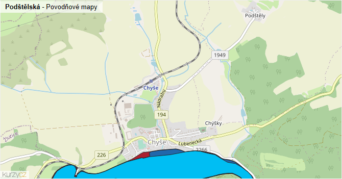 Podštělská - záplavové mapy stoleté vody