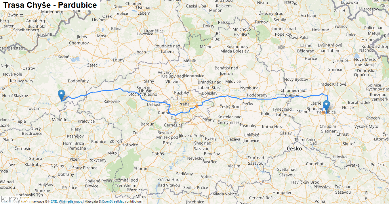 Chyše-Pardubice, mapa trasy