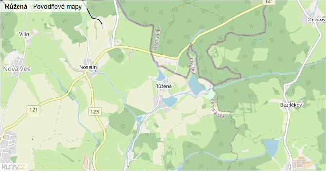 Růžená - záplavové mapy stoleté vody