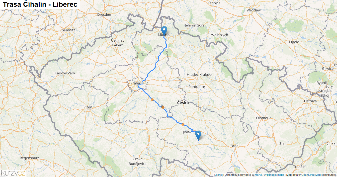 Číhalín-Liberec, mapa trasy