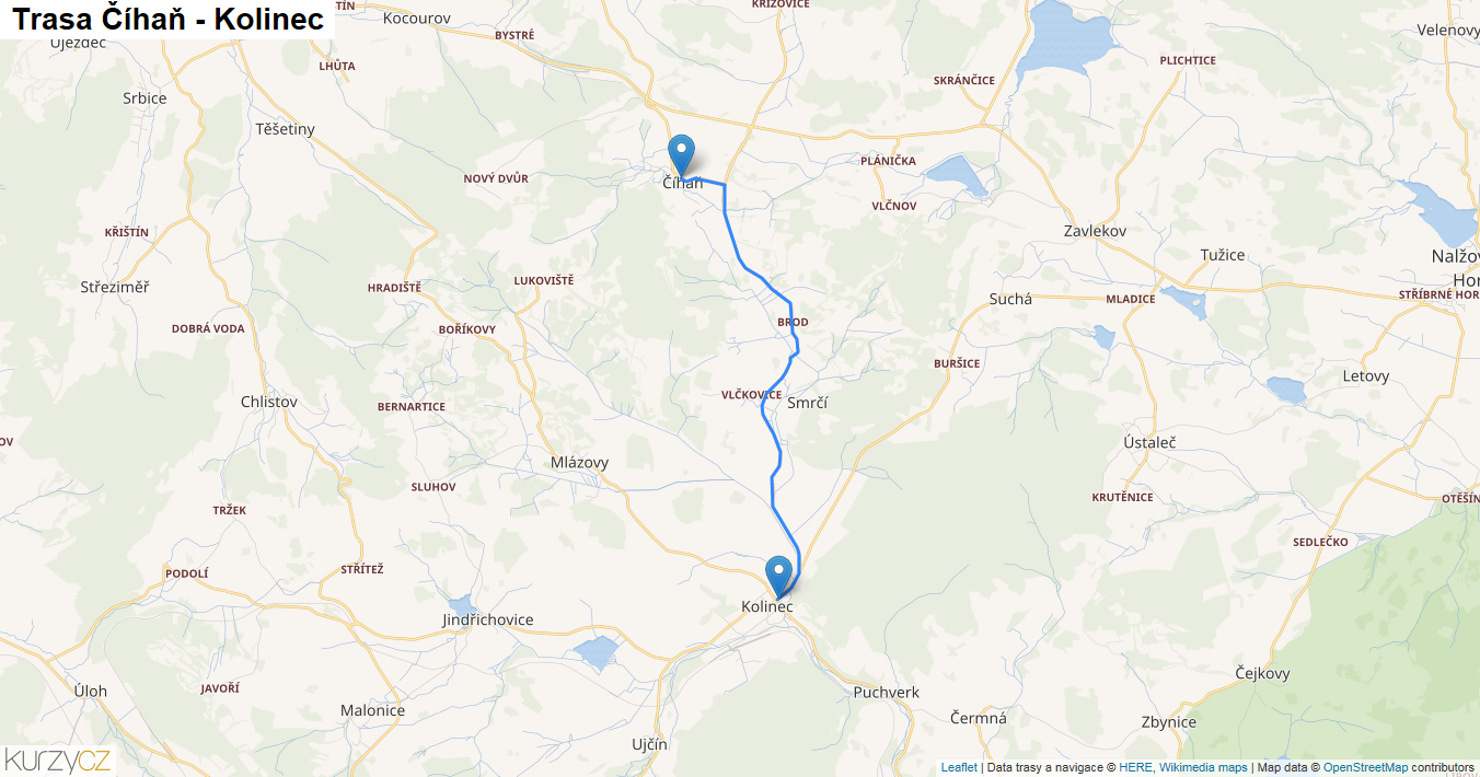 Číhaň-Kolinec, mapa trasy