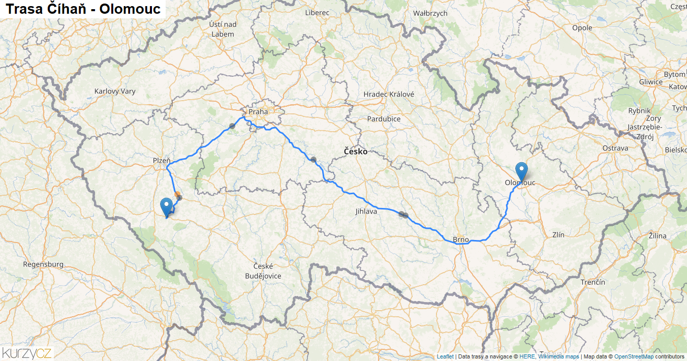 Číhaň-Olomouc, mapa trasy