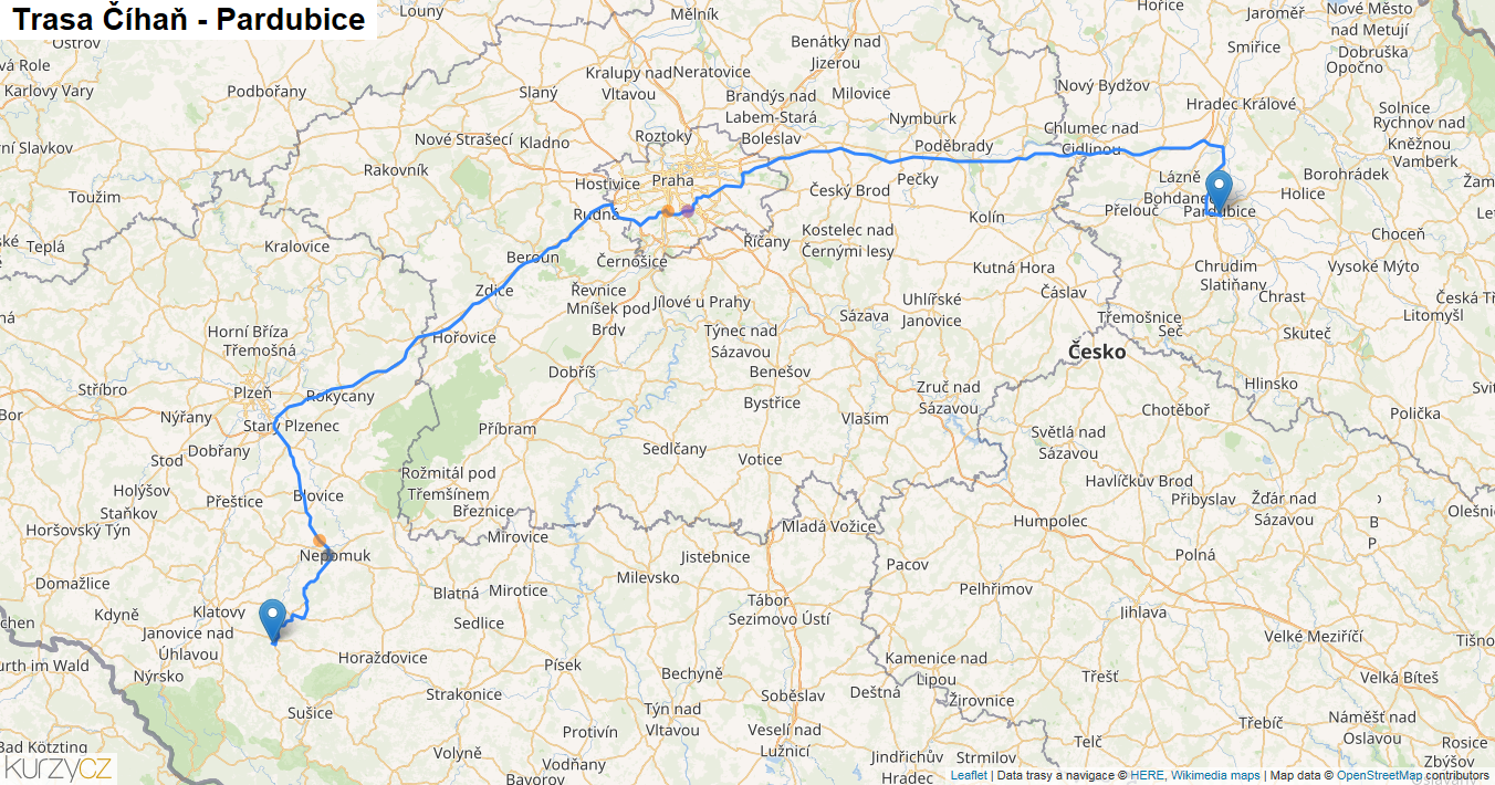 Číhaň-Pardubice, mapa trasy