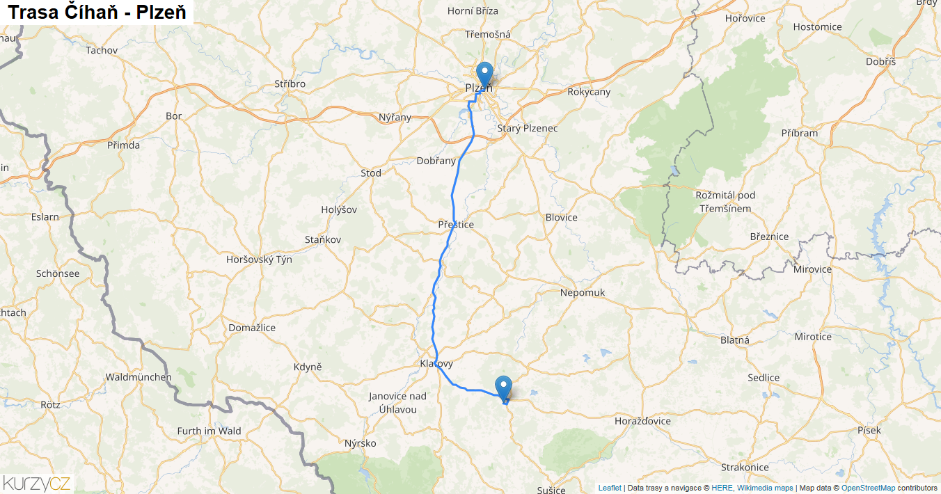 Číhaň-Plzeň, mapa trasy