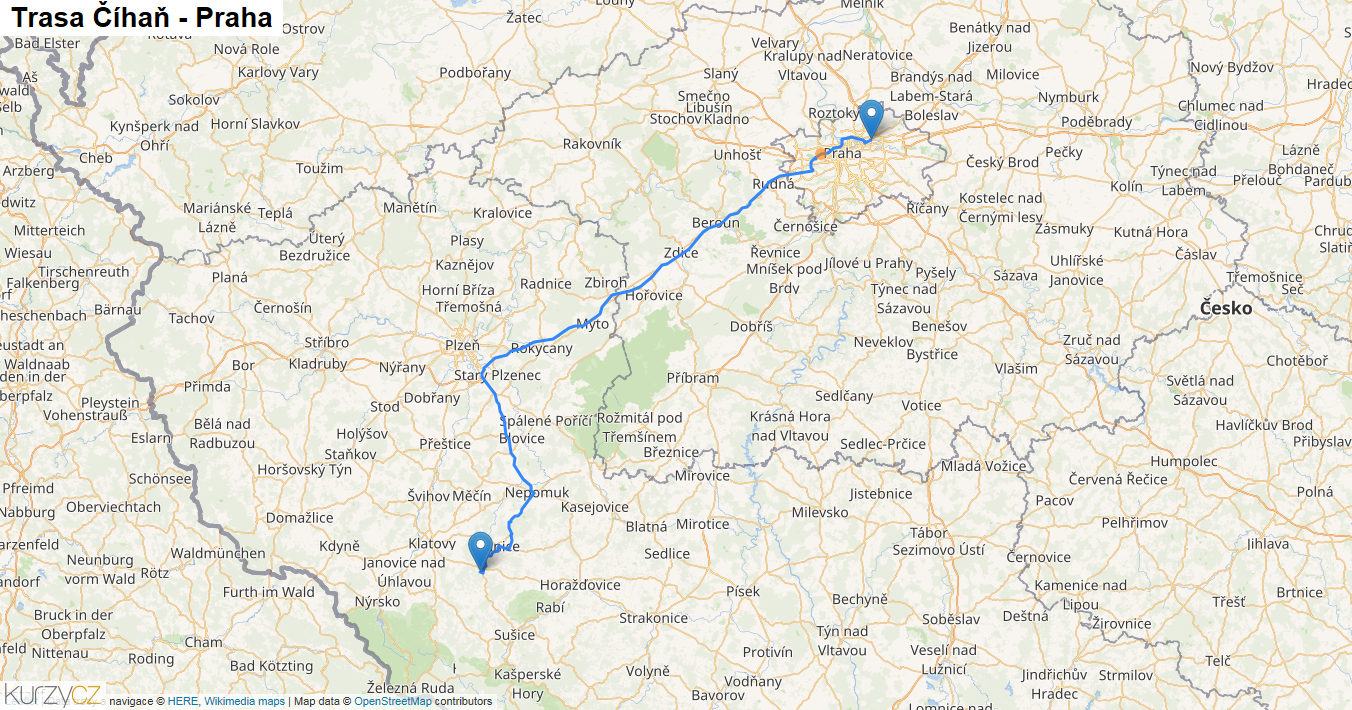 Číhaň-Praha, mapa trasy