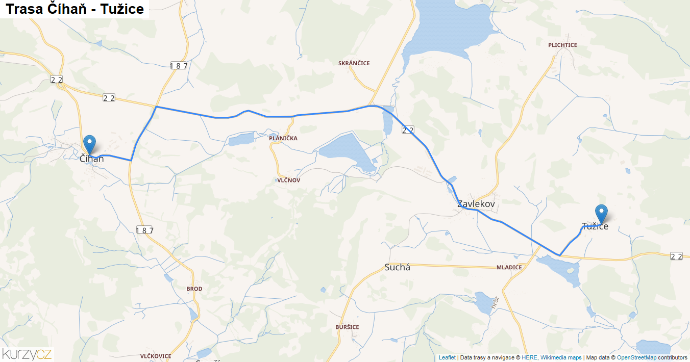 Číhaň-Tužice, mapa trasy