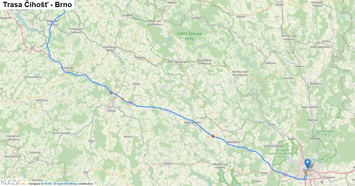 Číhošť-Brno, mapa trasy