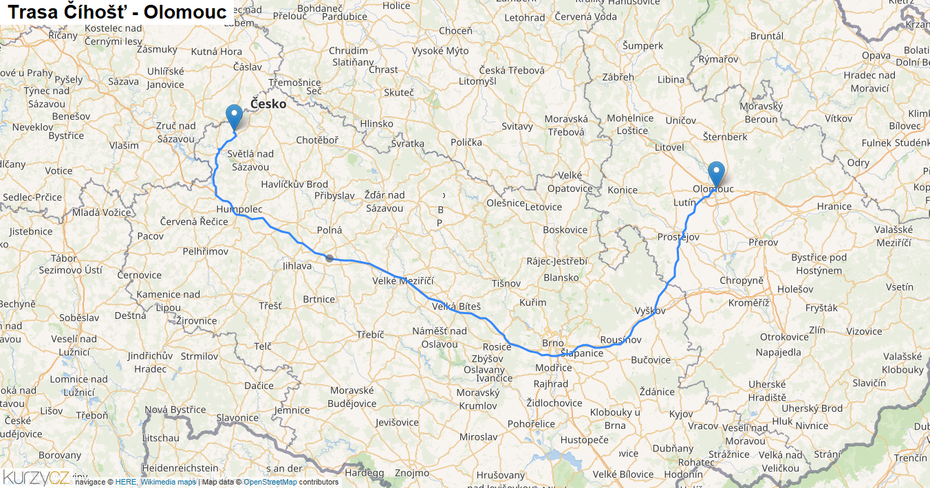 Číhošť-Olomouc, mapa trasy
