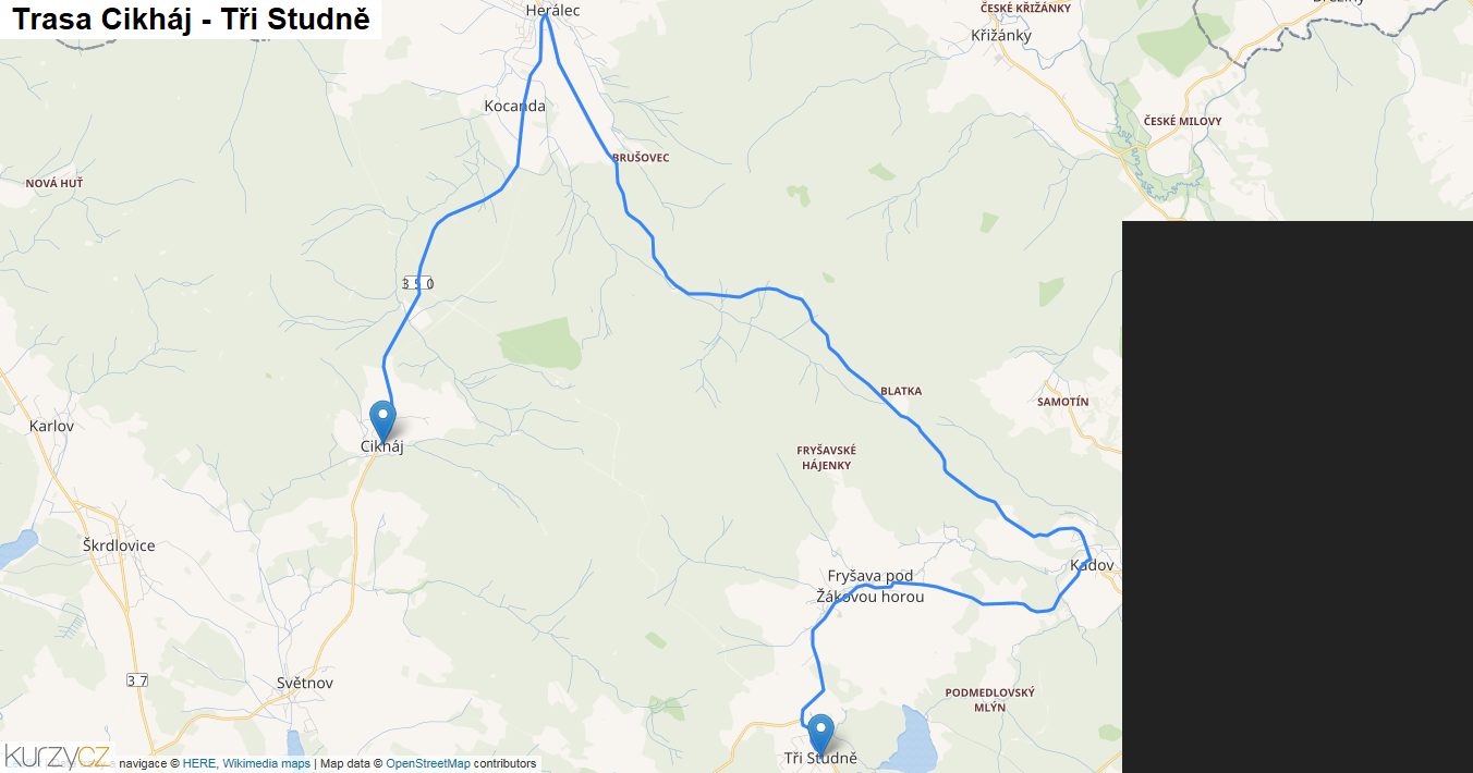 Cikháj-Tři Studně, mapa trasy