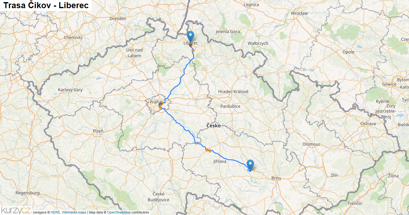 Čikov-Liberec, mapa trasy