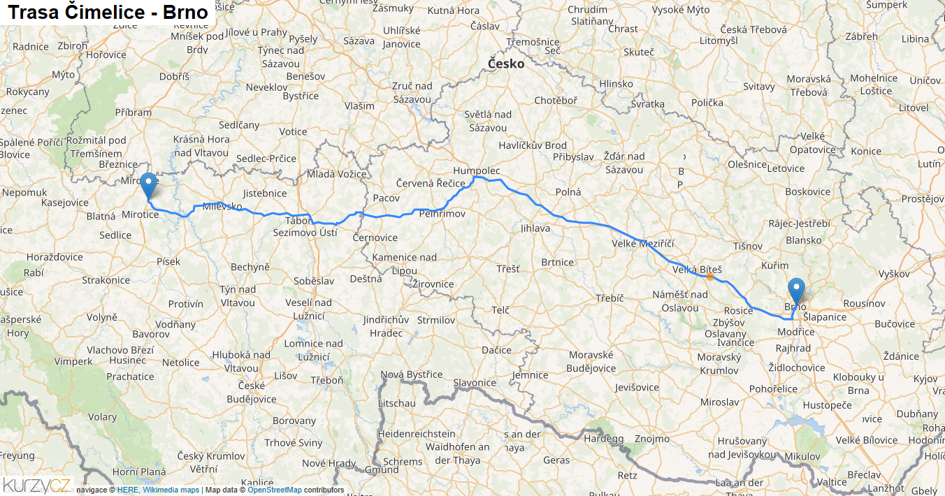 Čimelice-Brno, mapa trasy