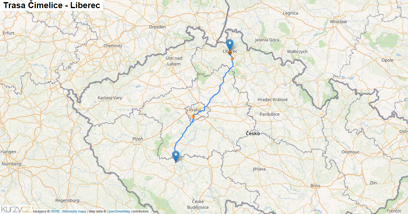 Čimelice-Liberec, mapa trasy