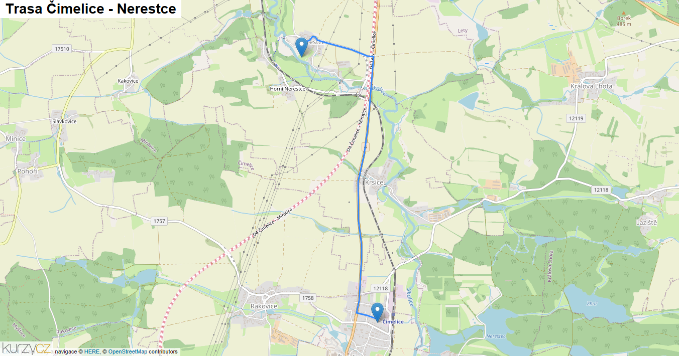 Čimelice-Nerestce, mapa trasy