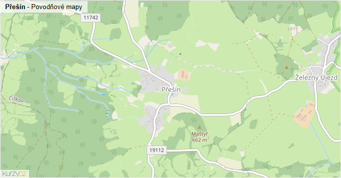 Přešín - záplavové mapy stoleté vody